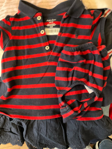 Ralph Lauren Polokleid mit Rüschen Lochmuster mit Höschen *Set  68 Schwarz und Rot gestreift