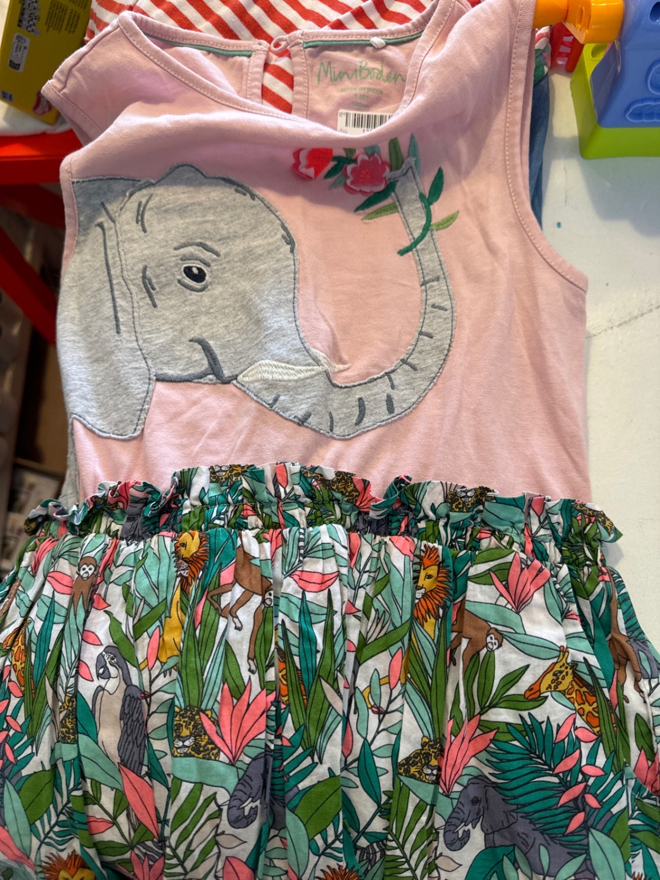 Mini Boden Kinderkleid Elefant  152 Rosa, Grün, Mehrfarbig