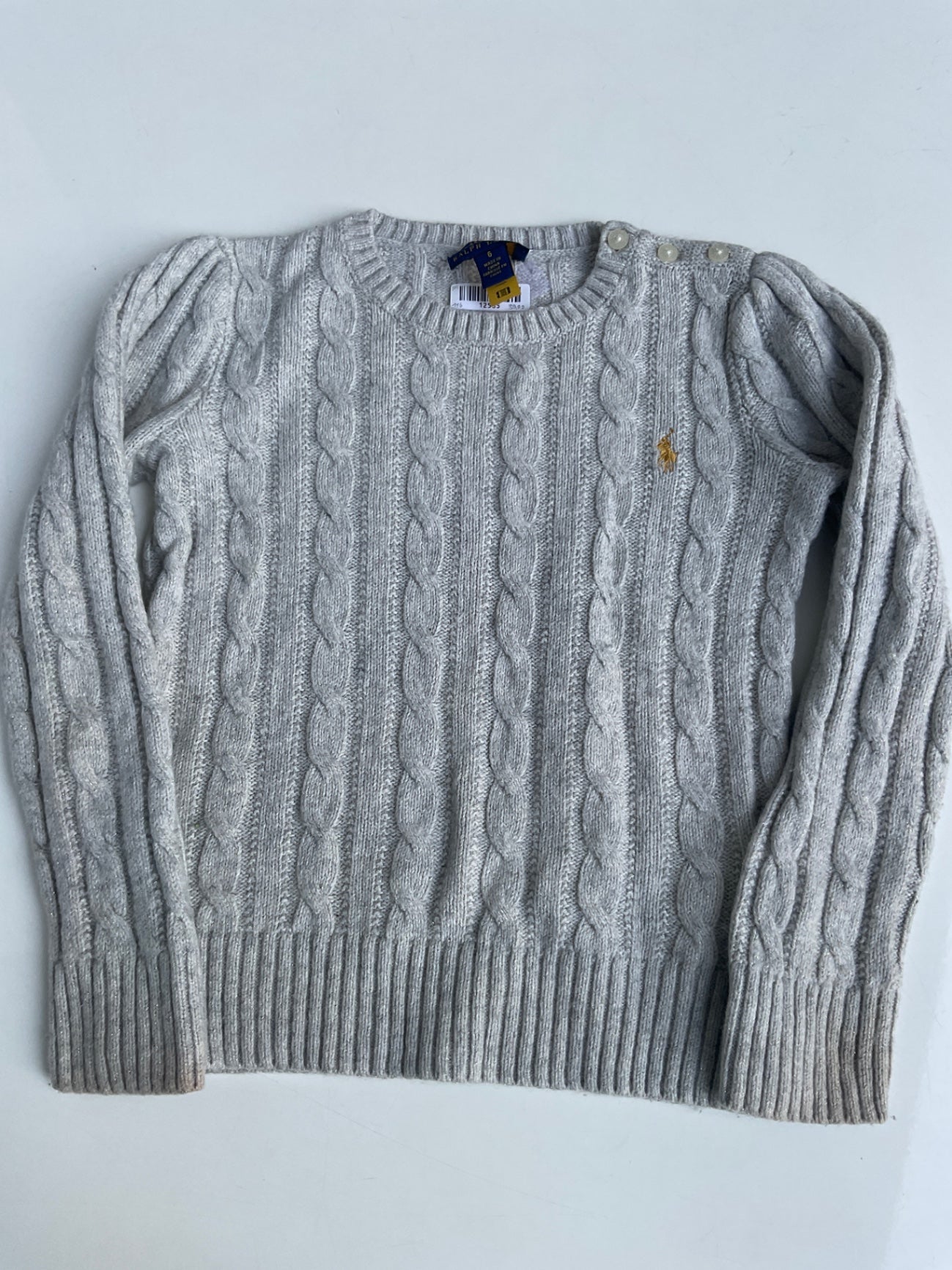 Ralph Lauren Pullover 116 Grau mit Silberglitzer / Zopfmuster